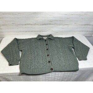 Vtg. L.L. BEAN XL Womens 100% Wool Irish Aran Cable Knit Cardigan Green Sweater
